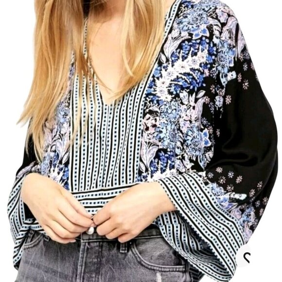 Free People Mix N Match Floral Top Kimono Sleeve Oversized Cropped Size XS - Picture 4 of 10
